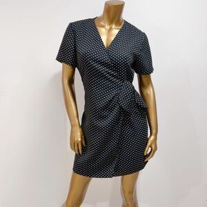 Vintage 80s John Roberts Petite Black & White Polka Dot Wrap Mini Dress Size 10P